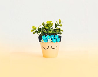 Cute Face Planter Design. Lady in blue planter. Modern bohemian planter.