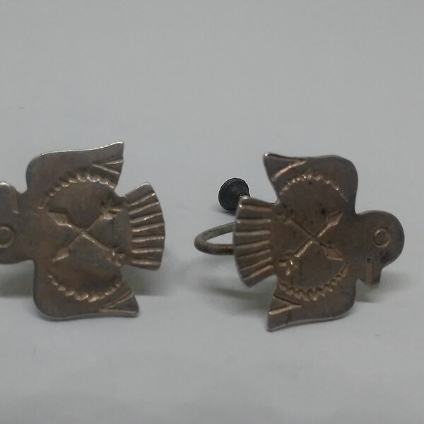 Vintage Sterling Silver Native American Navajo Screw Back Earrings Thunderbird