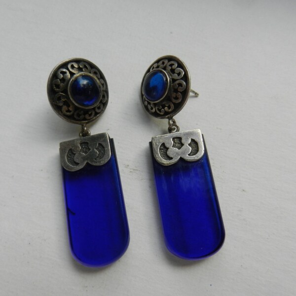 Vintage 925 Sterling Silver Signed Blue Glass Earrings