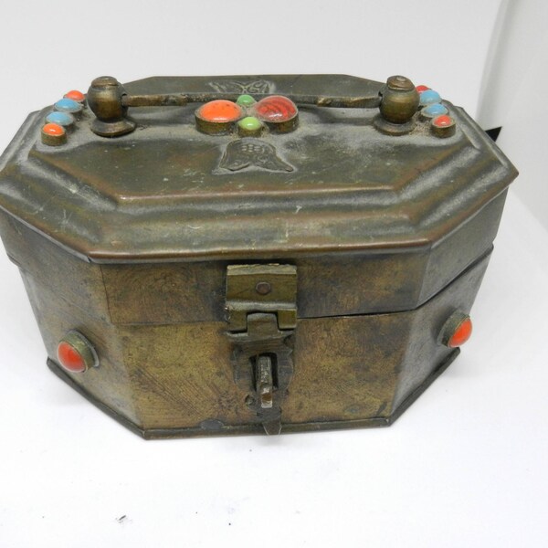 Vintage Eastern Brass Box with Cabochon Mounts