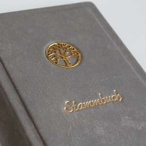 Stammbuch GOLDENE LEBENSBAUM aus grauem Nappaleder Traditionell mit 6 Ringmechanik ohne Klarsichthüllen, kein DIN A5/A4