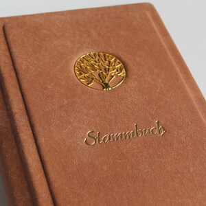 Stammbuch GOLDENE LEBENSBAUM aus cognacbraunem Nappaleder Traditionell mit 6 Ringmechanik ohne Klarsichthüllen, kein DIN A5/ A4