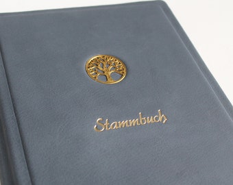 Family book DIN A5 "Golden Tree of Life" made of blue nappa leather