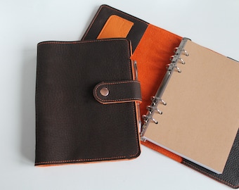 Leather ring binder, notebook, sketchbook, binder A5 brown with orange