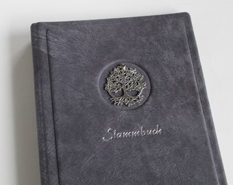 Family book DIN A5 TREE OF LIFE made of anthracite gray buffalo leather with 4 ring mechanism and transparent pockets