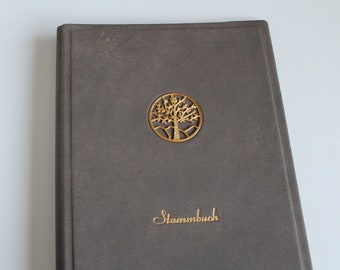 Family book DIN A4 TREE OF LIFE with golden writing made of gray leather with 4 ring mechanism and transparent pockets