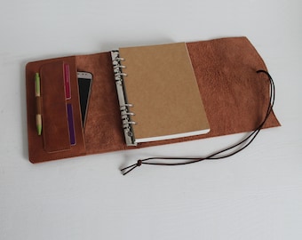 Leather ring binder, notebook, sketchbook A5 brown with heart button