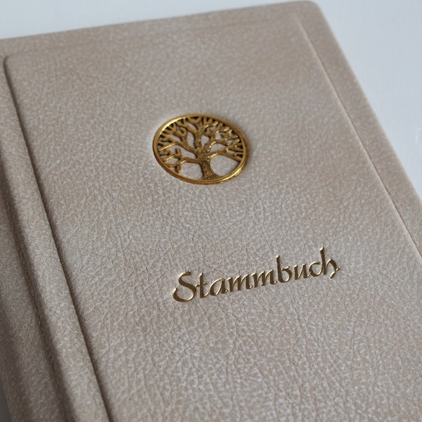 Stammbuch GOLDENE LEBENSBAUM aus beigem Büffelleder Traditionell mit 6 Ringmechanik ohne Klarsichthüllen, kein DIN A5/A4