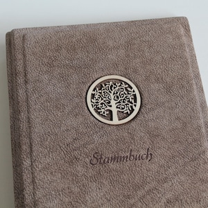 Stammbuch DIN A5 LEBENSBAUM aus braunem Nubukleder mit 4 Ring Mechanik & Klarsichthüllen