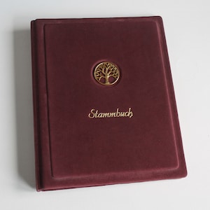 Stammbuch DIN A5 GOLDENE LEBENSBAUM aus weinrotem Samtleder, mit 4 Ringmechanik und Klarsichthüllen