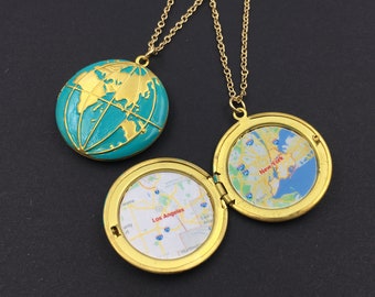 Earth Locket,World Map Locket,Globe Locket,Long Distance Relationship,Travel Necklace,Graduation Locket