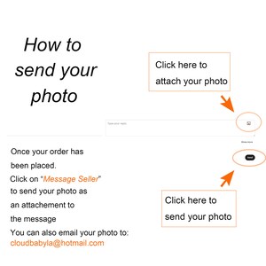 Puede incluir: Una captura de pantalla de una pantalla de computadora que muestra instrucciones sobre c&oacute;mo enviar una foto a un vendedor. Las instrucciones dicen que haga clic en "Message Seller" para enviar una foto como un archivo adjunto al mensaje. Las instrucciones tambi&eacute;n dicen que puede enviar su foto por correo electr&oacute;nico a cloudbabyla@hotmail.com. Hay dos botones en la pantalla: uno para adjuntar una foto y otro para enviar un mensaje.