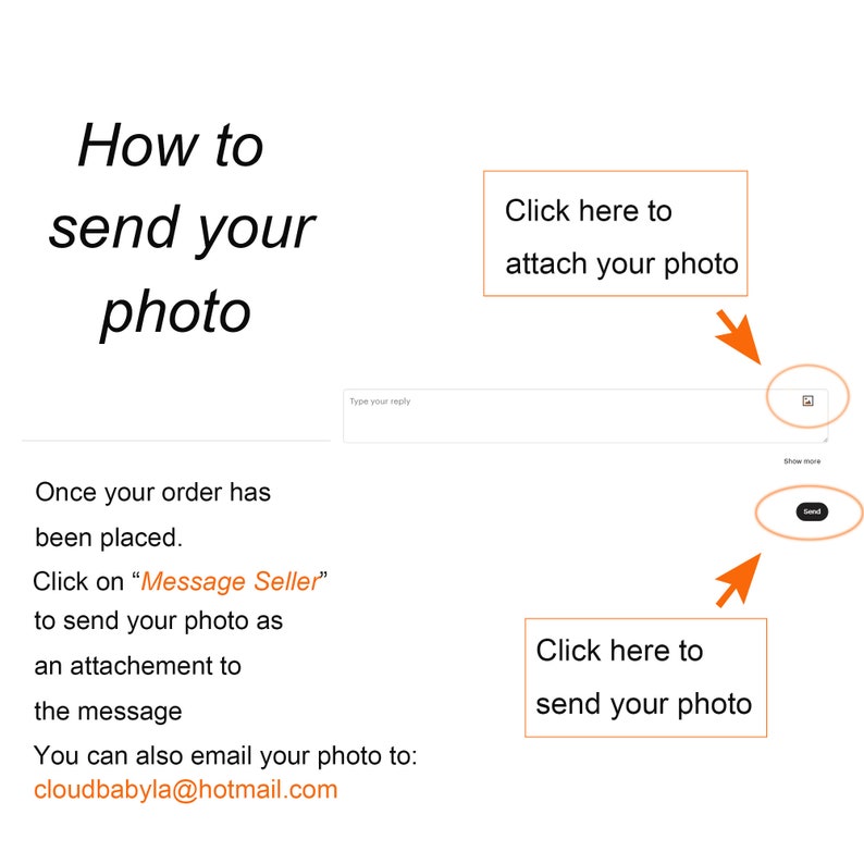 Puede incluir: Una captura de pantalla de una pantalla de computadora que muestra instrucciones sobre c&oacute;mo enviar una foto a un vendedor. Las instrucciones dicen que haga clic en "Message Seller" para enviar una foto como un archivo adjunto al mensaje. Las instrucciones tambi&eacute;n dicen que puede enviar su foto por correo electr&oacute;nico a cloudbabyla@hotmail.com. Hay dos botones en la pantalla: uno para adjuntar una foto y otro para enviar un mensaje.