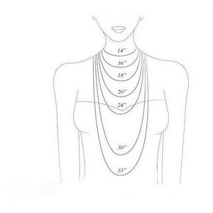 Puede incluir: Diagrama que muestra diferentes longitudes de collar en una modelo, que van desde 14 pulgadas hasta 33 pulgadas.