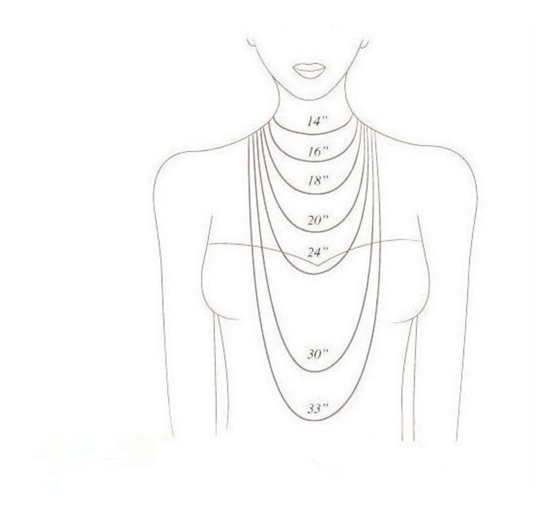 Puede incluir: Diagrama que muestra diferentes longitudes de collar en una modelo, que van desde 14 pulgadas hasta 33 pulgadas.