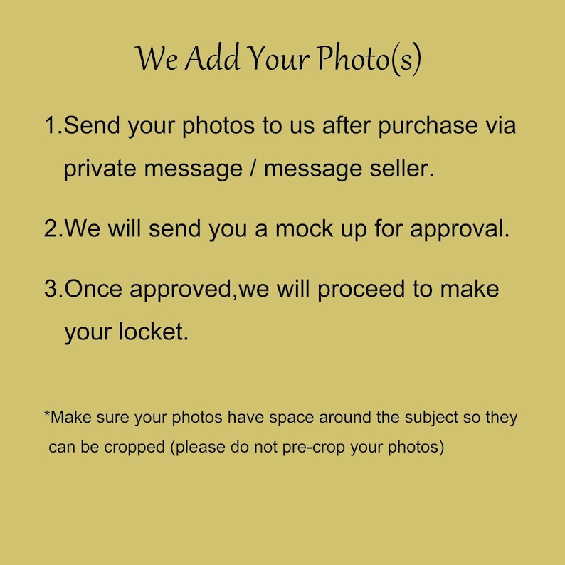 Puede incluir: Instrucciones sobre c&oacute;mo agregar fotos a un dije personalizado. Env&iacute;e las fotos despu&eacute;s de la compra a trav&eacute;s de un mensaje privado o un mensaje al vendedor. Se enviar&aacute; una maqueta para su aprobaci&oacute;n. Una vez aprobada, se har&aacute; el dije.