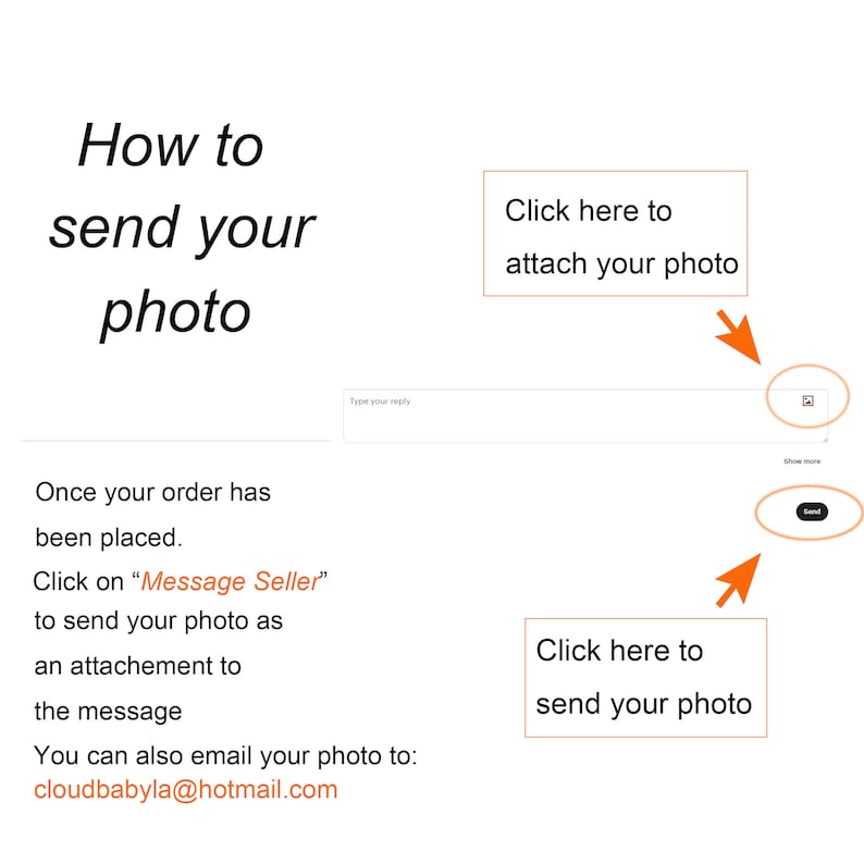 Puede incluir: Una captura de pantalla de una pantalla de computadora que muestra instrucciones sobre c&oacute;mo enviar una foto a un vendedor. Las instrucciones dicen que haga clic en "Message Seller" para enviar una foto como un archivo adjunto al mensaje. Las instrucciones tambi&eacute;n dicen que puede enviar su foto por correo electr&oacute;nico a cloudbabyla@hotmail.com. Hay dos botones en la pantalla: uno para adjuntar una foto y otro para enviar un mensaje.