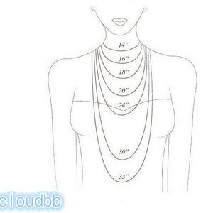 May include: A diagram showing different necklace lengths from 14 inches to 33 inches. The lengths are marked on a line drawing of a person wearing the necklaces.