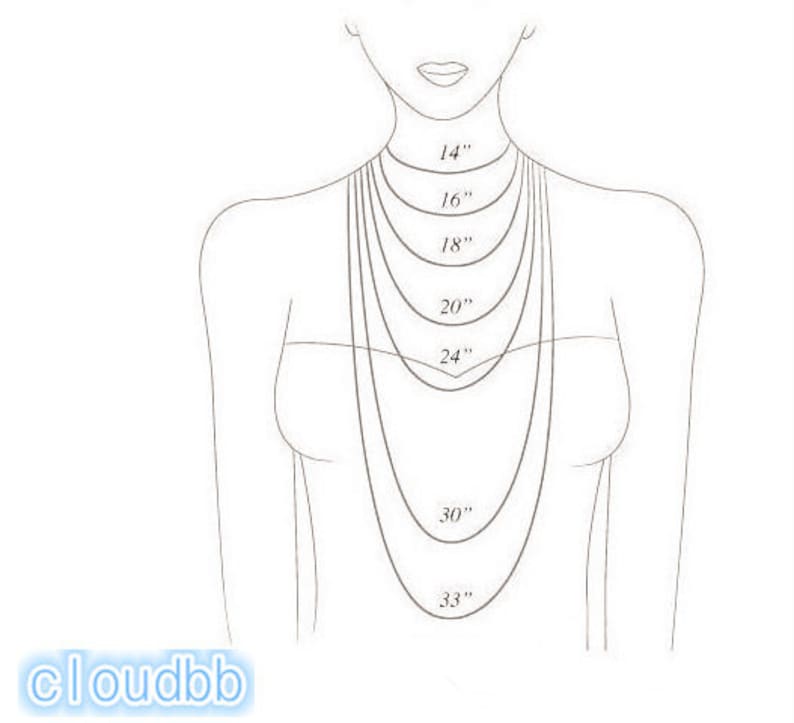 May include: A diagram showing different necklace lengths from 14 inches to 33 inches. The lengths are marked on a line drawing of a person wearing the necklaces.