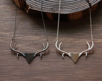 Oxidized Sterling Silver Deer head, Sterling Silver Deer antler, Deer horn necklace, Deer jewelry, Handcraft jewelry, Black Silver Deer