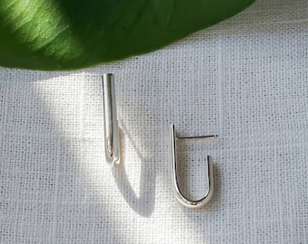 Handmade Sterling Silver hoop earrings, silver Bar Earrings, minimalist earrings, simple everyday earrings, J shaped earrings,