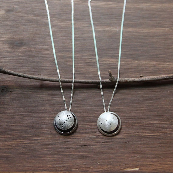 Silver Eclipse, Horoscope necklace, Constellation jewelry, Zodiac Constellation, Star Sign, Oxidized Sterling Silver, Crescent Moon necklace