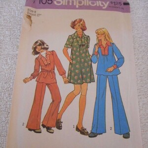 Sewing pattern for girls Vintage 1970s Simplicity Size 8 7105 cut dress top & pants pattern bust 27