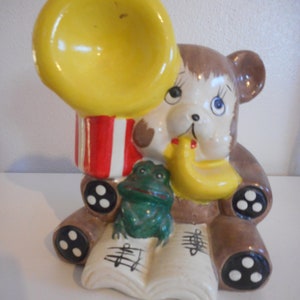 Vintage Chalkware or ceramic Tuba Playing Brown Bear and Frog Bank Carnivalware