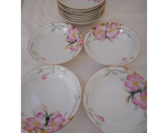Set of 11 Noritake Azalea 19322 Porcelain Berry Dessert Bowls Gold Trim pink