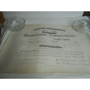 Vintage Antik 1913 High School Diploma Bridgeport Connecticut 16 x 21" Speer
