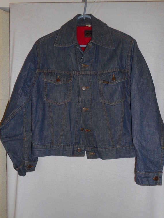 red and blue denim jacket