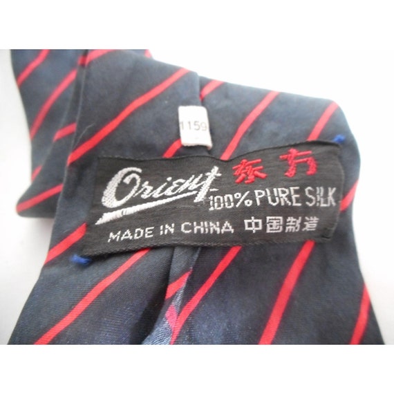 Vintage Orient Blue Red Striped silk narrow Tie n… - image 3