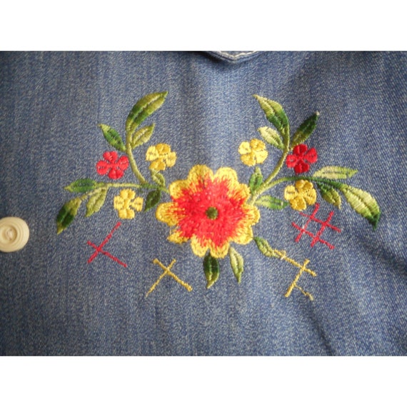 Vintage 60s 70s Floral Embroidered Shirt blue Den… - image 2