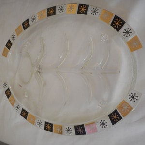 Vintage MCM Inland Glass Meat Platter Tray Atomic Tree of Life Starburst Gold