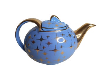 EUC VTG 1950s Hall Periwinkle Blue & Gold Atomic Starburst 6 cup Teapot 0749GL