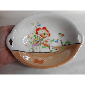 Vintage Japan lusterware poppy Floral trinket dish nut candy change keys dish