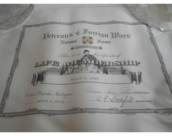 Certificado de membresía vitalicia para veteranos de guerras extranjeras vintage de 1951, 9,5 x 12"