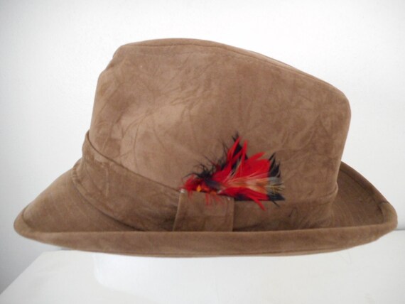 Vintage Brown Suede Like Fedora Style Hat Size S Feather  display picture 1