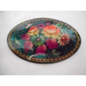 Vintage Hand painted Floral Signed Russian Lacquer Pin Brooch