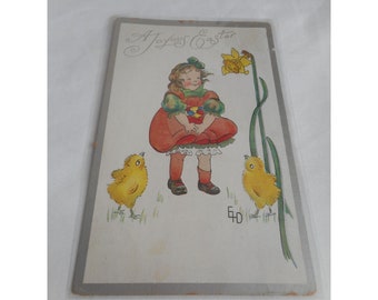 Vintage Easter Postcard unposted written on Daffodil Child peep