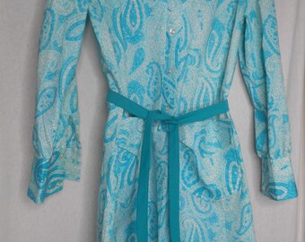 Vintage Belted Paisley Dress 1960s 1970s button front Mod Hippie Boho