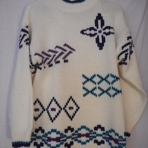 Vintage Size M White blue green purple mock turtleneck Sweater