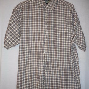 Vintage sz L cream Blue Plaid short sleeve 100% cotton shirt by Mango Plantation