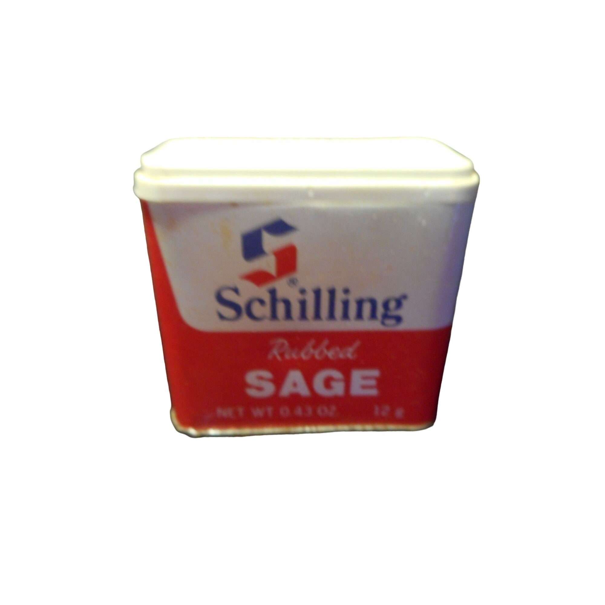 Vintage 1977 Schilling Rubbed Sage White and Red Spice Tin
