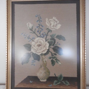 Vintage Framed Art Work Petit Point Needlework Cross Stitch Floral Estate Find