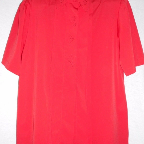 Vntg Red Short sleeve cut out hidden button Sz 12 Blouse Yves St Clair polyester