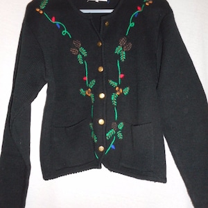Jahrgang Größe L Tally-Ho Weihnachten bestickt schwarz Pullover Strickjacke Jacke
