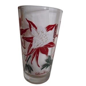 Peut inclure: Verre transparent avec un motif floral. Le motif présente une grande fleur blanche avec des accents rouges et des feuilles vertes. Le mot "Columbine" est écrit en cursive au bas du verre.