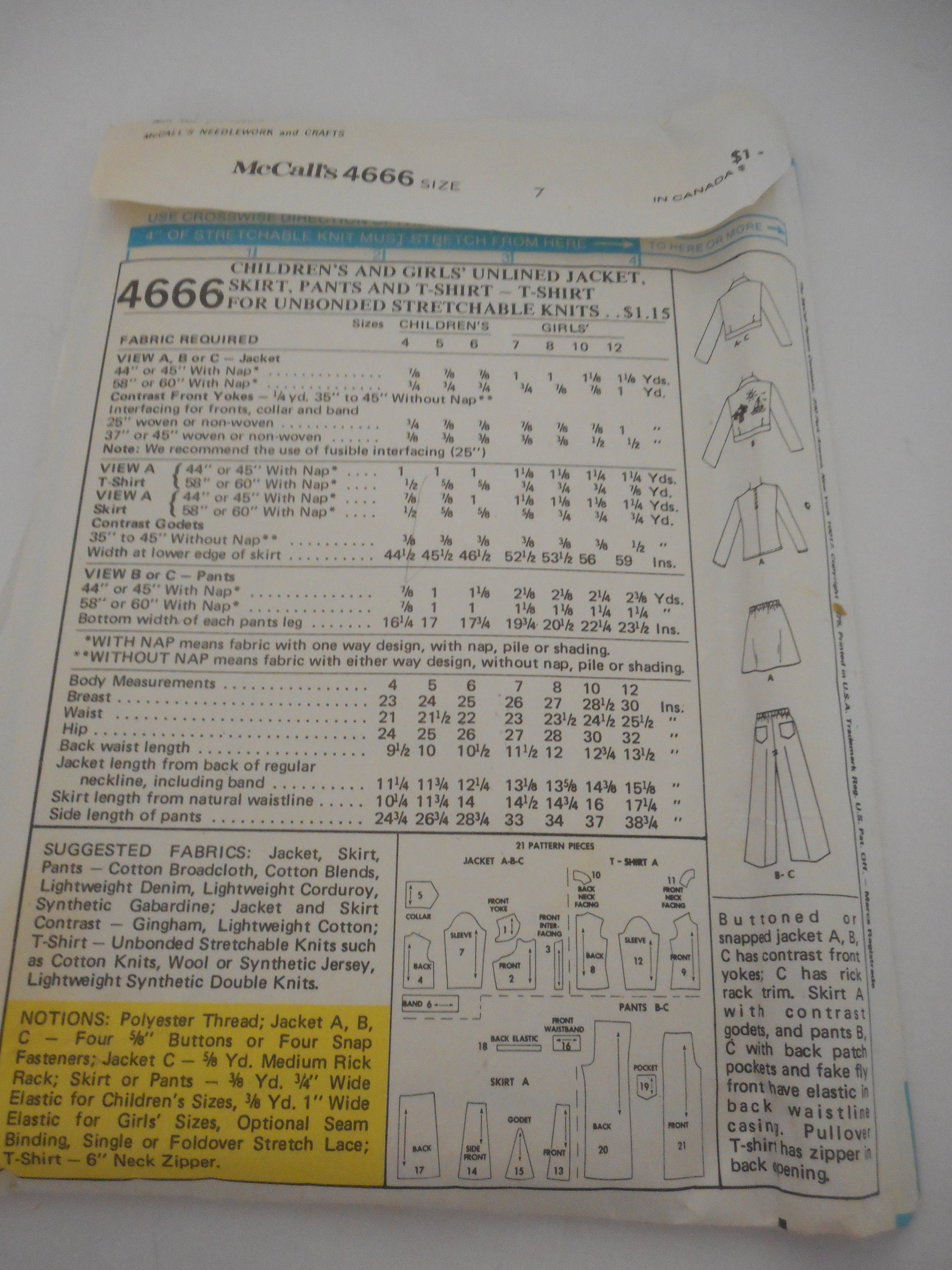 Sewing Pattern for Girls Vintage 70s Girls Size 7 Mccalls T-shirt Skirt ...