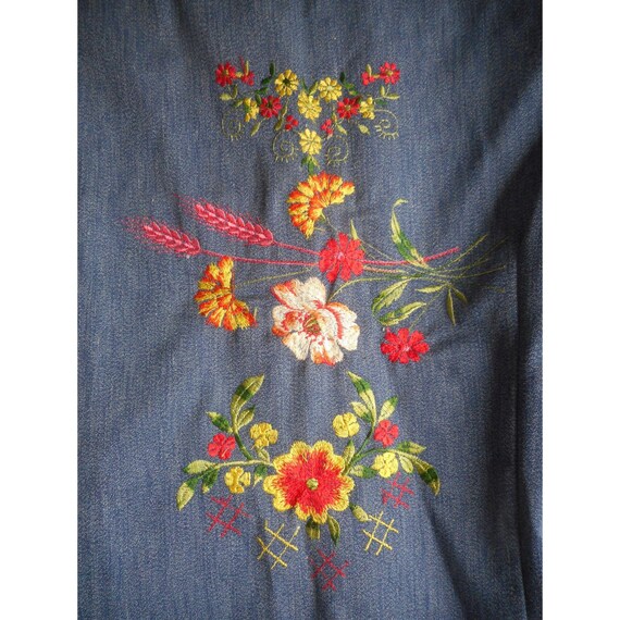 Vintage 60s 70s Floral Embroidered Shirt blue Den… - image 4